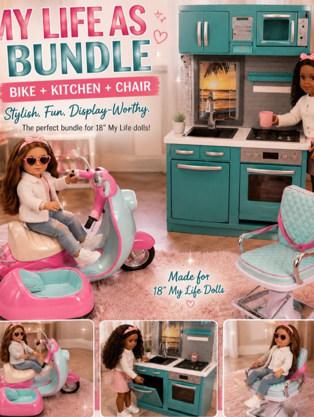My Life As Kids Toys Bundle - Pink & Teal Scooter, Kitchen & Chair